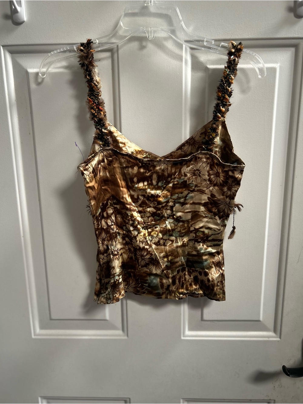 Y2K Alberto Makali Brown and Cream floral w/ feathers & Sequins tank Sz S - Picture 10 of 15